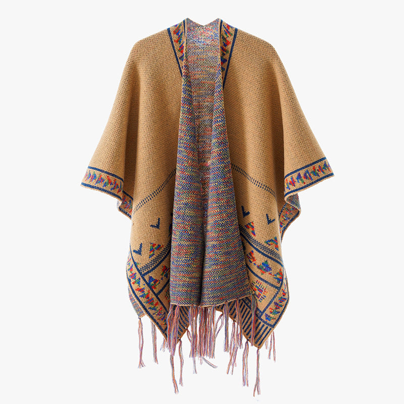 Damen Grobstrick-Poncho mit eingewebter Ethno‑Bordüre und Fransen Shop Nory