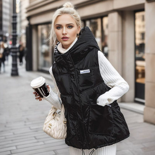 Damen gesteppte Winterweste mit verstellbarer Kapuze und praktischen Taschen Shopnory