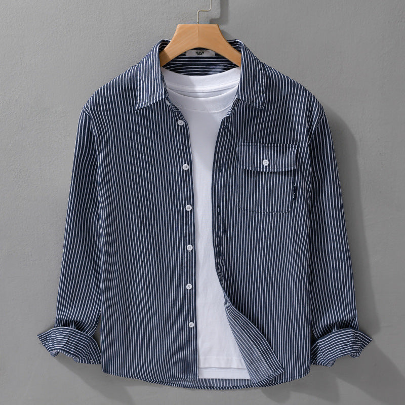 Herren Leichtes gestreiftes Hemdjacken-Overshirt aus Baumwoll-Leinenmix mit Brusttasche Shop Nory