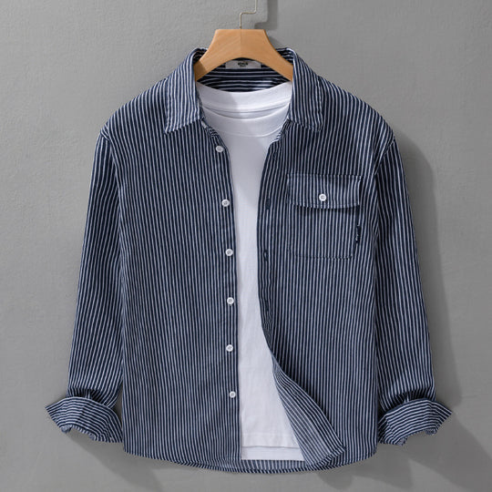 Herren Leichtes gestreiftes Hemdjacken-Overshirt aus Baumwoll-Leinenmix mit Brusttasche Shop Nory