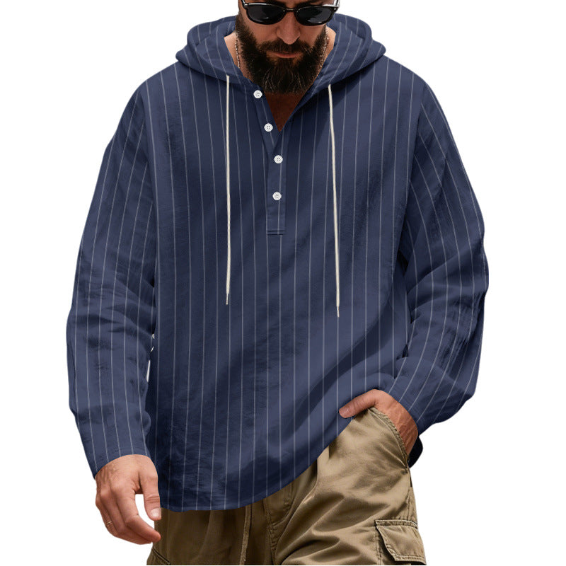 Herren Lässiges Kapuzen-Henleyshirt mit feinen Nadelstreifen und Knopfleiste Shop Nory