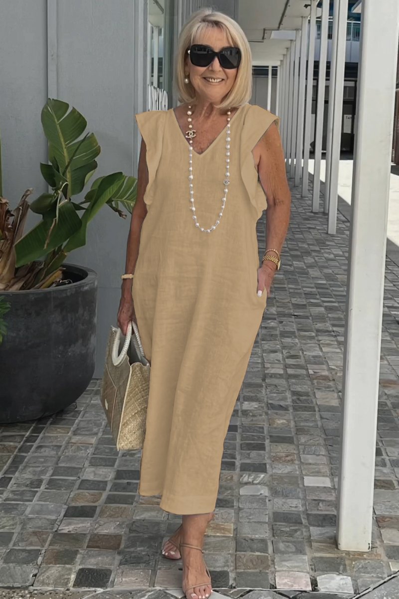 Damen Maxikleid mit V-Ausschnitt und angeschnittenem Ärmel