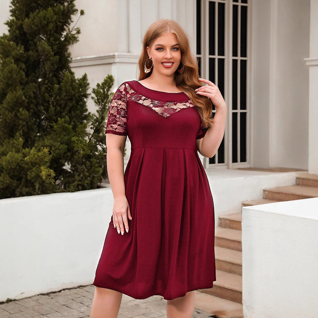 Damen Elegantes Kleid mit Spitzenärmel und schwingendem Rock