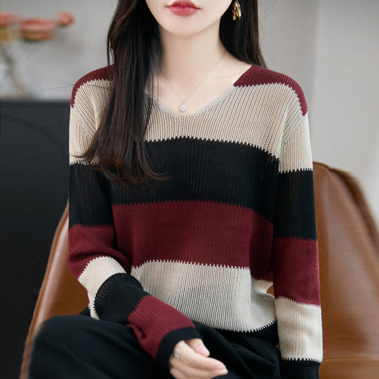 Damen Leichter V-Ausschnitt Feinstrickpullover mit breiten Blockstreifen und entspannter Passform Shop Nory