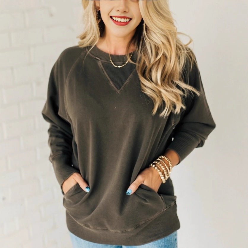 Damen Oversize Baumwoll-Sweatshirt mit V‑Stitch, Rippbündchen und Seitentaschen Shop Nory