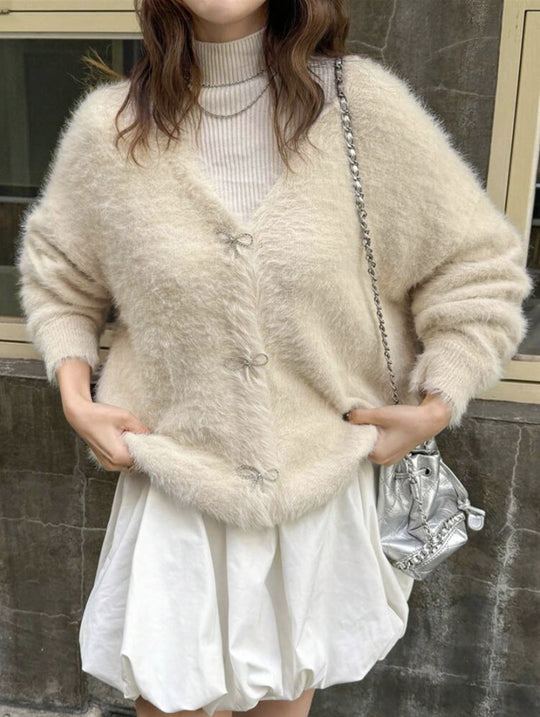 Damen Flauschiger Mohair‑Optik Cardigan mit dekorativen Schleifenverschlüssen Shop Nory