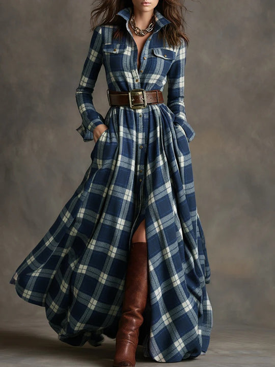 Damen nan karierte Maxikleid Hemdblusenkleid mit ausgestelltem Rock und breitem Taillengürtel Shop Nory