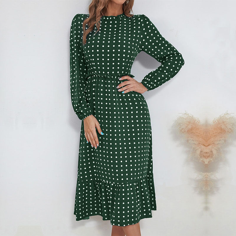 Damen Midikleid im Retro-Polka-Dot-Stil mit Stehkragen, taillierter Raffung und Volant Shop Nory