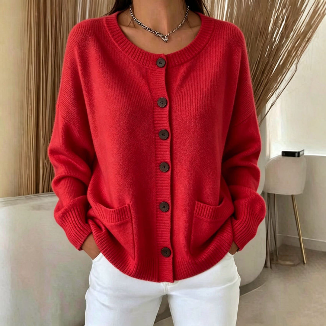Damen Knopf-Cardigan mit Rundhals, aufgesetzten Taschen und Raglanärmeln Shop Nory