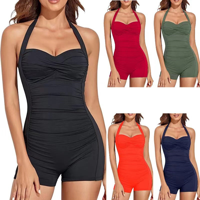 Damen Einteiliger Badeanzug mit schmalen Trägern und modischer Raffung Shopnory