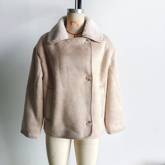 Damen Boxy Jacke in Lammfelloptik mit Teddyfutter und großem Umlegekragen Shop Nory