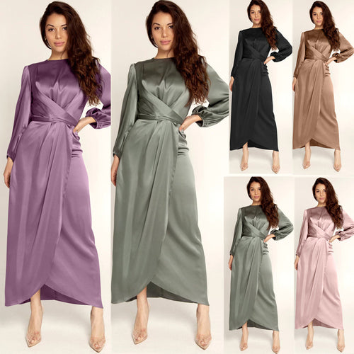 Damen Elegantes Maxikleid aus Satin mit Wickel-Detail, Langarm und Taillenband Shop Nory