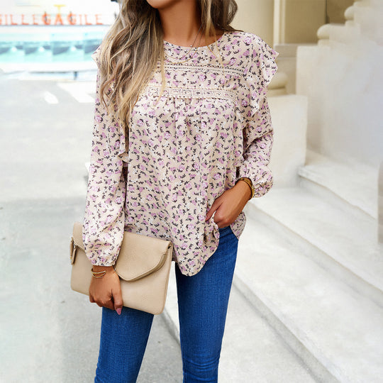 Damen nan romantische Hemdblusenbluse mit Spitzenborte, Volantärmel und lockerer Tunika-Silhouette Shop Nory