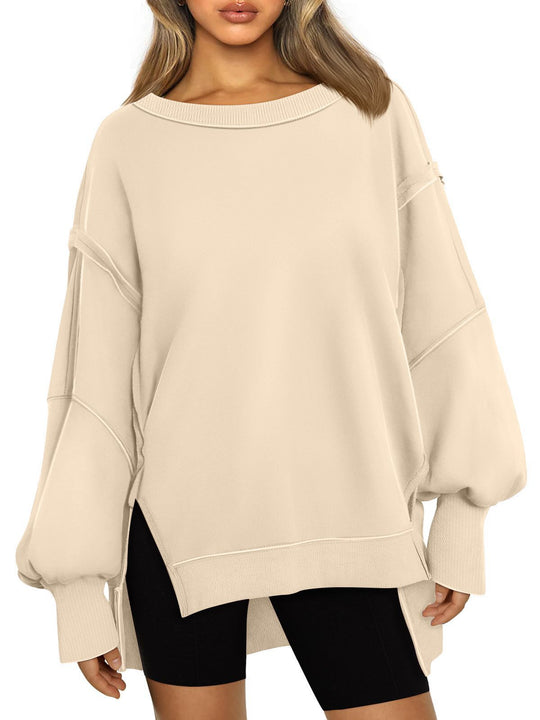 Damen Weiches Longline-Sweatshirt mit Ballonärmeln, seitlichen Schlitzen und geripptem Saum Shop Nory