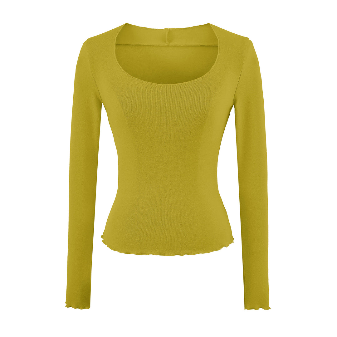 Damen Figurbetontes Langarm-Feinstrickshirt mit quadratischem Ausschnitt und Wellensaum Shop Nory