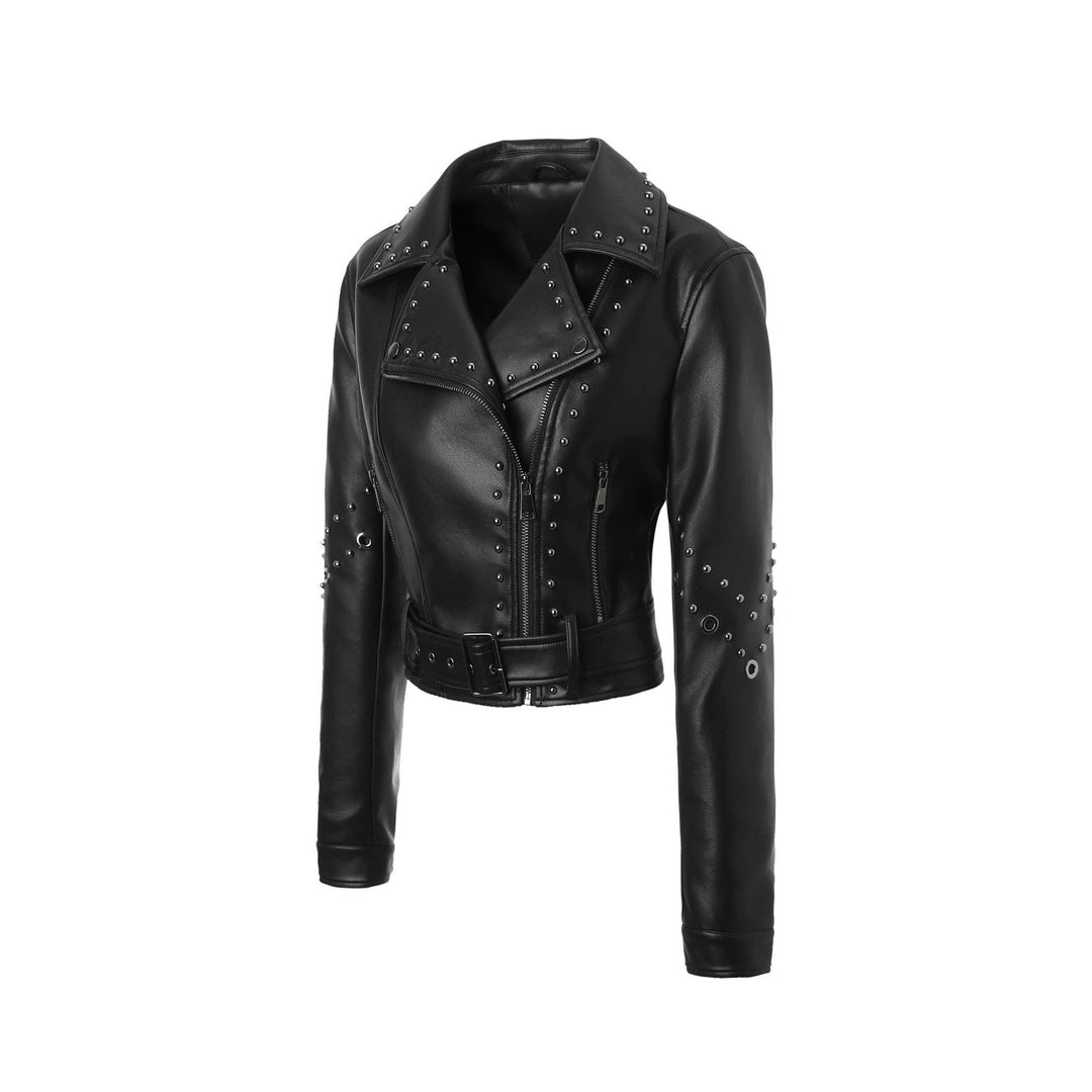 Damen Kurze Kunstleder-Bikerjacke mit Nietenbesatz und breitem Taillengürtel Shop Nory