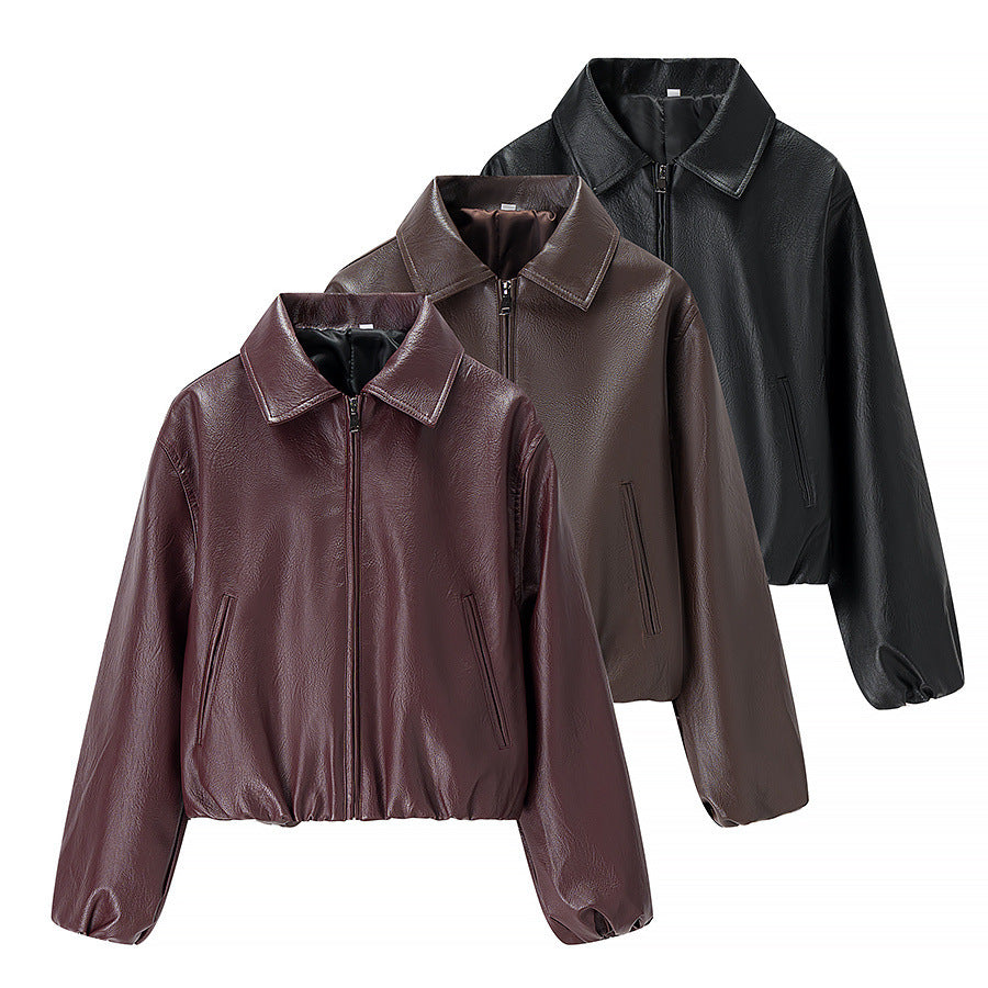 Damen Kurz geschnittener Lederimitat-Blouson mit Reißverschluss und Gummizugsaum Shop Nory