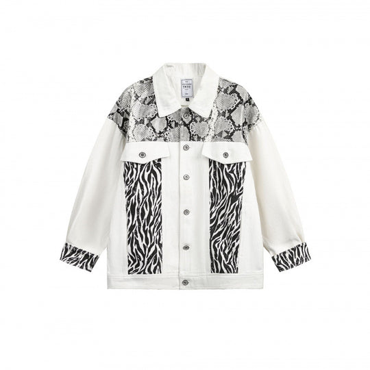 Damen Oversize-Jeansjacke im Patchwork-Tierprint mit Reverskragen und Pattentaschen Shop Nory