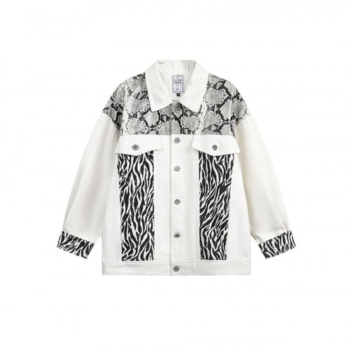 Damen Oversize-Jeansjacke im Patchwork-Tierprint mit Reverskragen und Pattentaschen Shop Nory