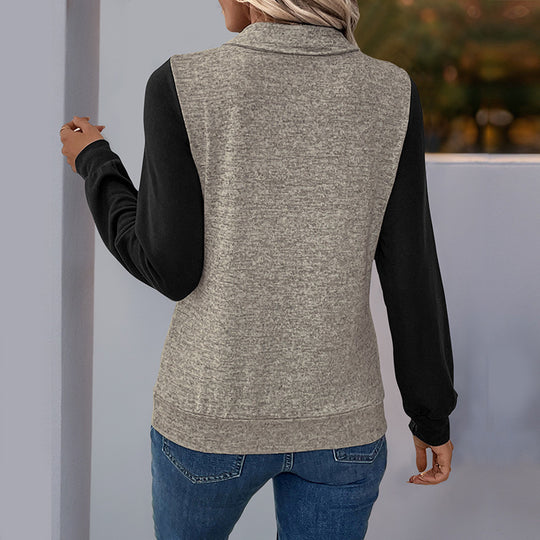 Damen Two‑Tone Langarmshirt mit Kontrastärmeln, Henley‑Knopfleiste und Brusttasche Shop Nory
