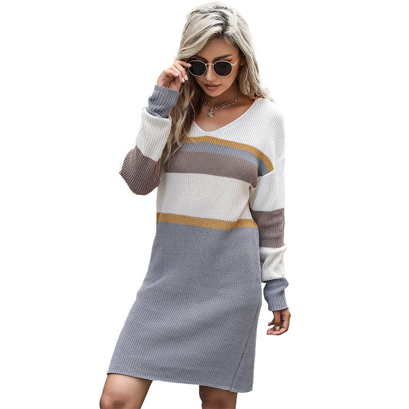 Damen Strickkleid Off-Shoulder mit Taillengürtel und Blockstreifen Shop Nory