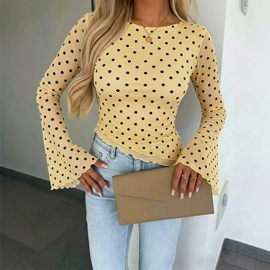 Damen Transparente Mesh-Polka‑Dot-Bluse mit taillierter Passform und Glockenärmeln Shop Nory