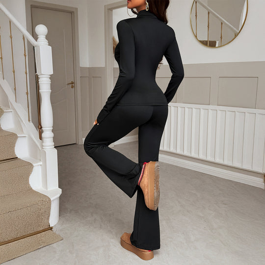 Damen nan figurbetontes Stretch-Joggingset mit taillierter Reißverschluss-Jacke und ausgestellter Schlaghose Shop Nory
