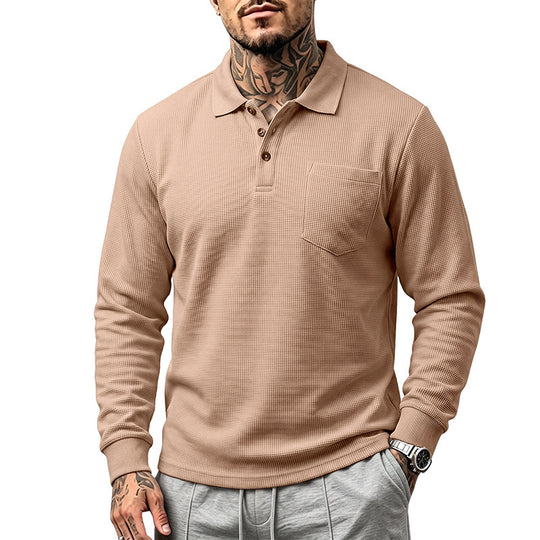 Herren Waffelstrukturiertes Langarm-Poloshirt mit Brusttasche und Holzknopfleiste Shop Nory