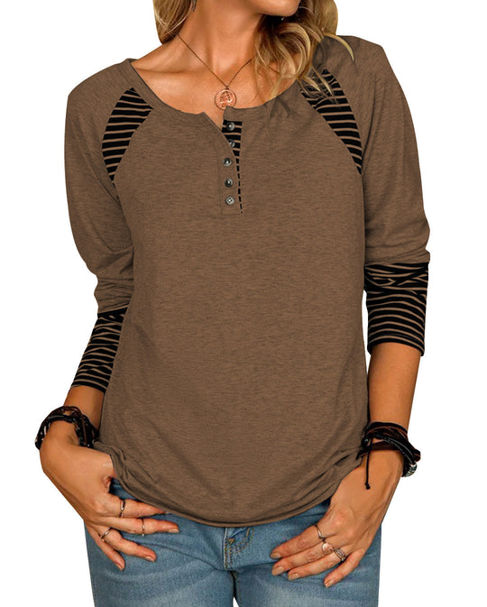 Damen Lässiges Raglan-Henley-Shirt mit Knopfleiste und gestreiften Ärmelbündchen Shop Nory