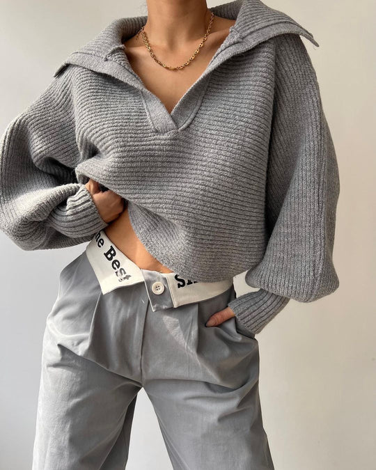 Damen Oversize Rippsweater mit Reverskragen und tiefem V‑Ausschnitt Shop Nory