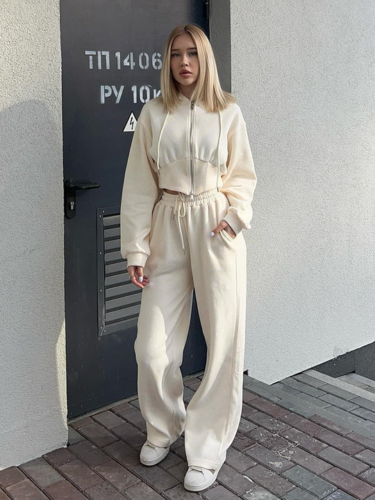 Damen kurzes Reißverschluss-Cropped-Hoodie mit hoher Bund Palazzo-Jogginghose Set Shop Nory