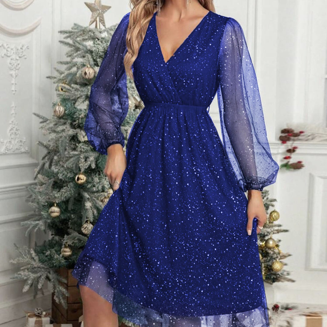 Damen Festliches Midikleid aus Glitzer‑Chiffon mit V‑Ausschnitt, tailliertem Gummibund und Ballonärmeln Shop Nory