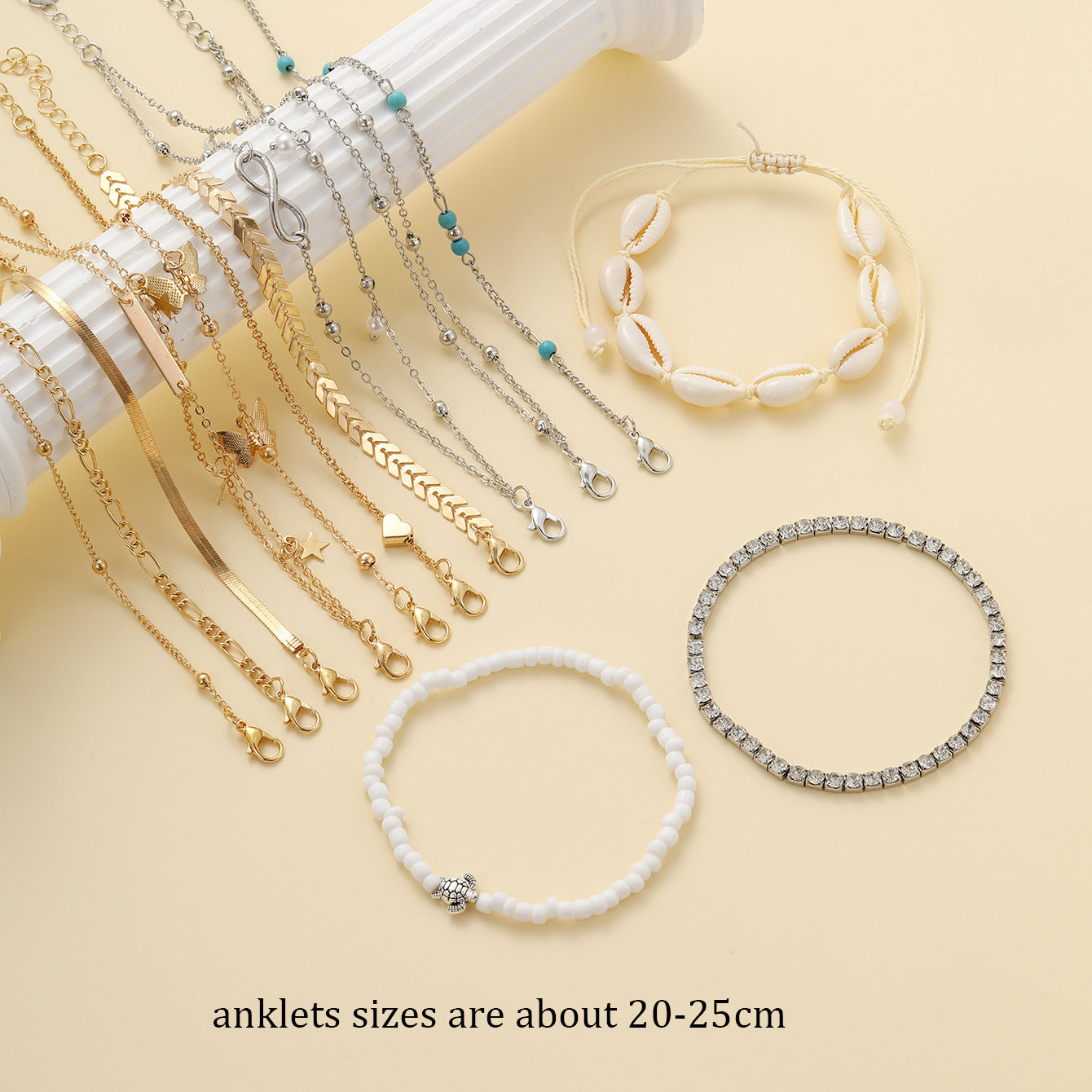 Damen Fußkettchen Set mit zarten Anhängern und eleganten Strukturen Shop Nory