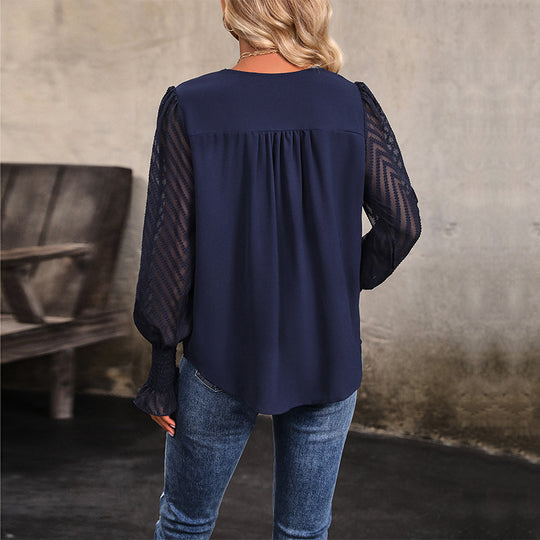 Damen Lockeres V-Ausschnitt-Chiffonblusenshirt mit transparenten Ballonärmeln und Smokbündchen Shop Nory
