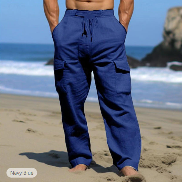Herren weite Freizeit-Cargohose aus Leinenmix mit Tunnelzugbund, aufgesetzten Klappentaschen und entspanntem Strandfit Shop Nory