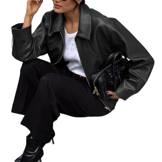 Damen nan kurze Oversize-Lederjacke mit Hemdkragen, sichtbarem Reißverschluss und lässiger Silhouette Shop Nory