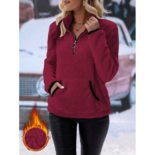 Damen flauschiger Fleece-Kuschelpullover mit halbem Reißverschluss, Kängurutasche und Stehkragen Shop Nory