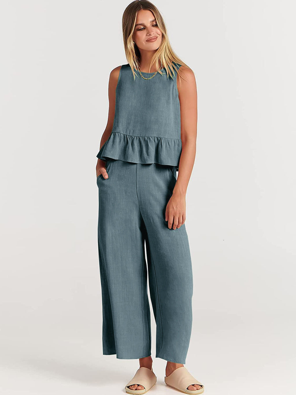 Damen luftiges Zweiteiler-Set mit schickem Peplum-Top und weitem Hose