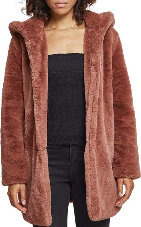 Damen Midilanger Kapuzen-Kunstpelzmantel mit offener Front und gefütterten Eingrifftaschen Shop Nory