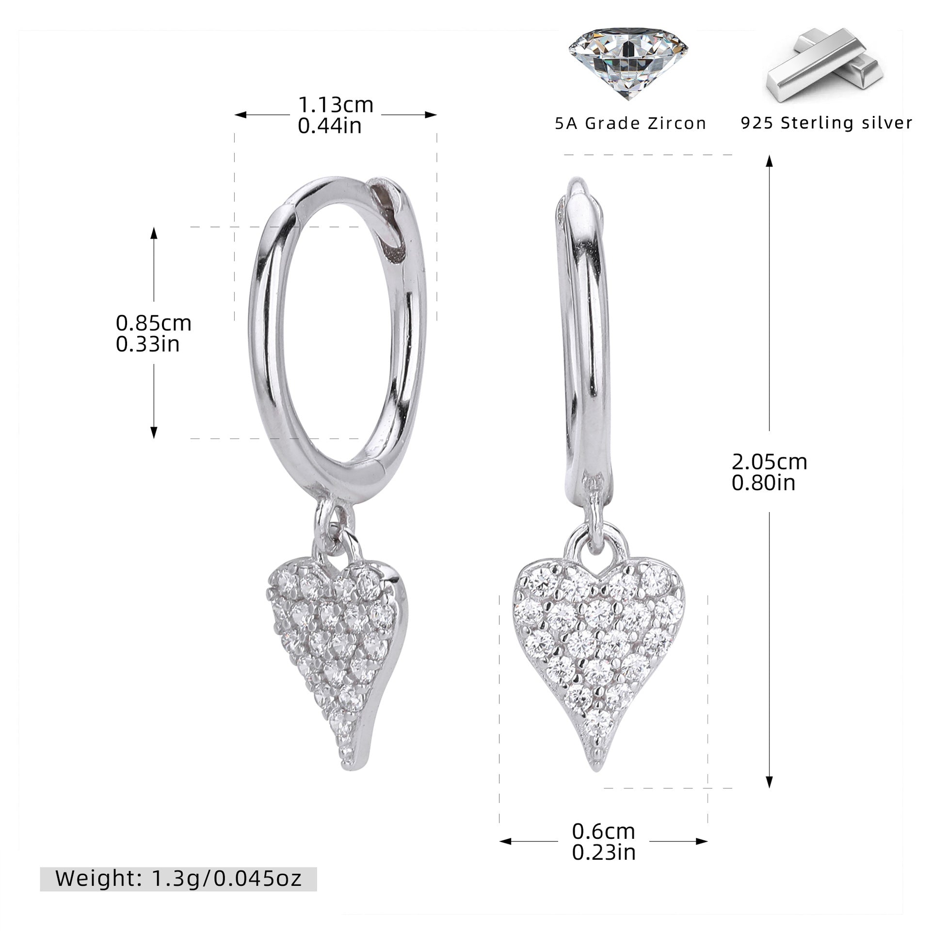 Damen Ohrhänger mit Herzanhänger aus 925 Sterling Silber und funkelnden Zirkonia Shop Nory
