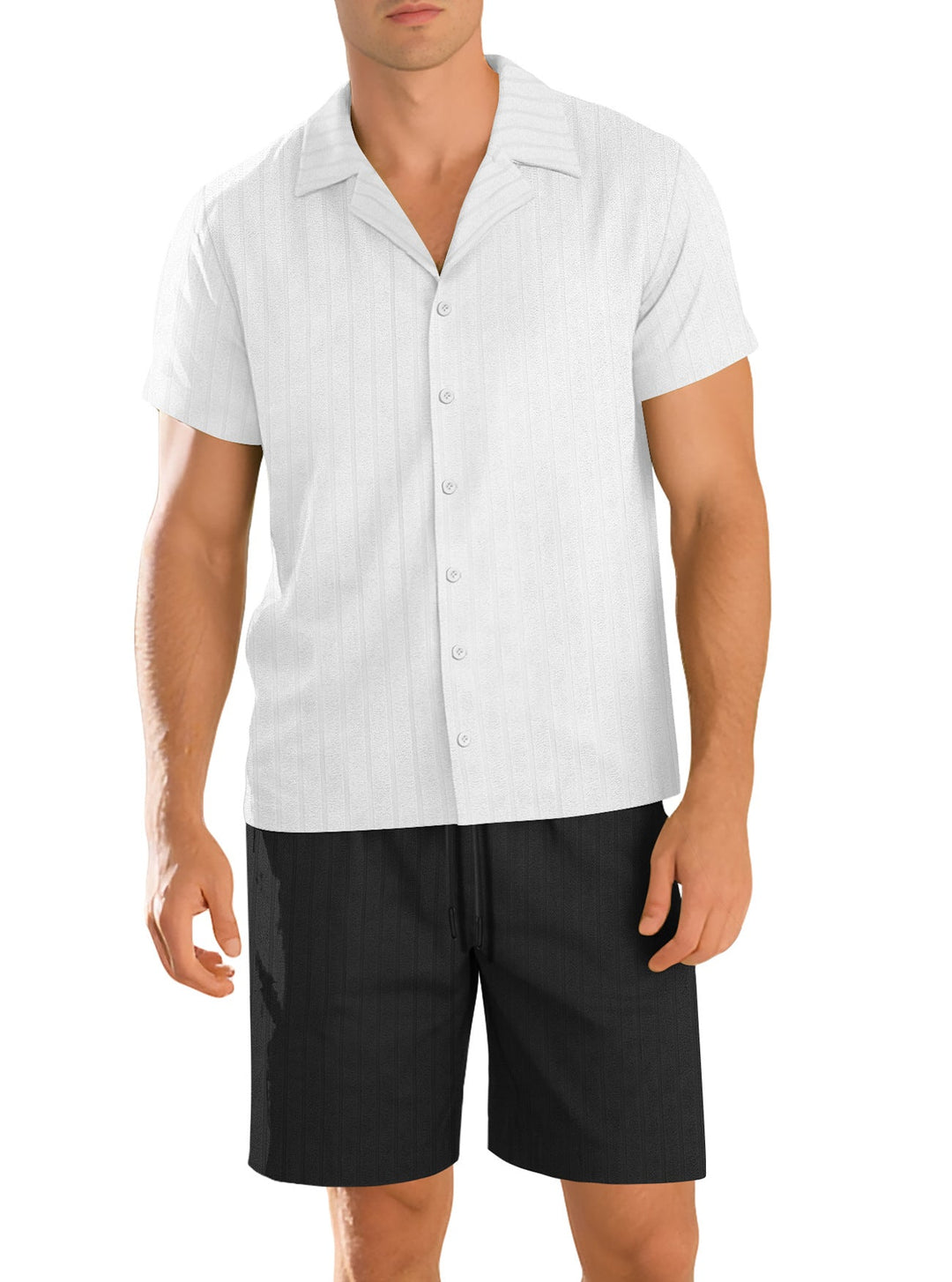 Herren nan Rippenstrick Lounge-Set mit Reverskragen Kurzarmhemd und Komfort-Bermuda Shopnory