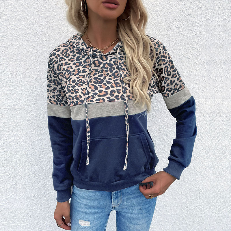 Damen Kapuzenpullover im Blockdesign mit Leopardenmuster, Kängurutasche und Tunnelzug Shop Nory
