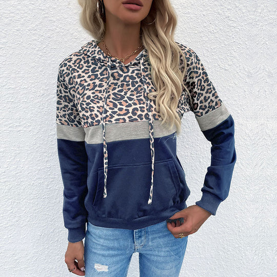 Damen Kapuzenpullover im Blockdesign mit Leopardenmuster, Kängurutasche und Tunnelzug Shop Nory