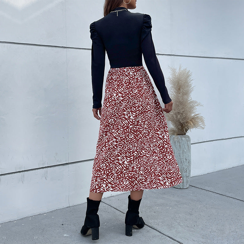 Damen A-Linien-Midirock mit hohem Bund, fließender Silhouette und abstraktem Print Shop Nory