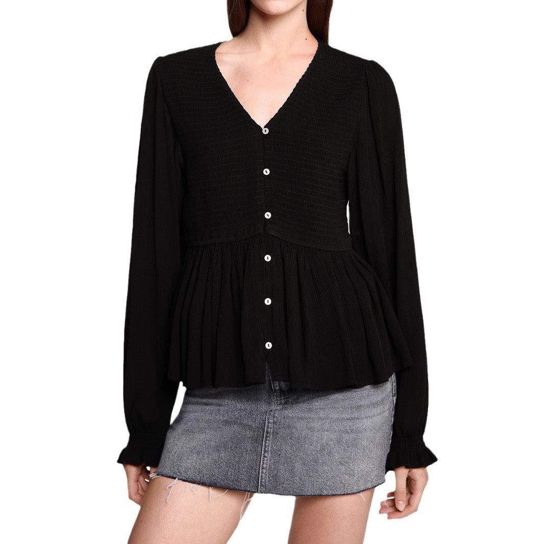 Damen Schößchenbluse aus strukturiertem Viskosegewebe mit V‑Ausschnitt und Knopfleiste Shop Nory
