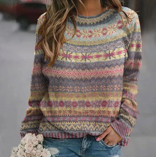 Damen gemusterter Strickpullover mit Rundhalsausschnitt, Fair Isle Muster und lässigem Oversized-Schnitt Shop Nory