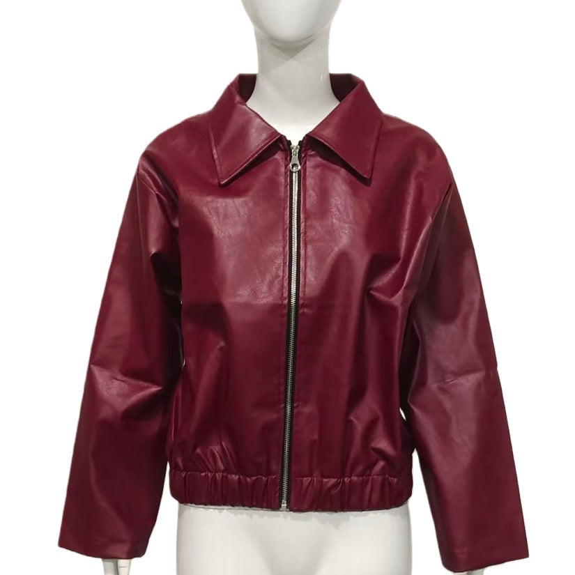 Damen Taillierte Kunstleder-Blousonjacke mit Hemdkragen, Reißverschluss und Gummizugsaum Shop Nory
