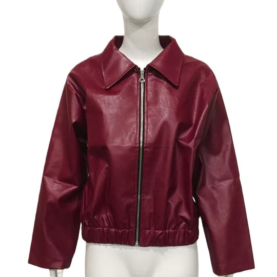 Damen Taillierte Kunstleder-Blousonjacke mit Hemdkragen, Reißverschluss und Gummizugsaum Shop Nory