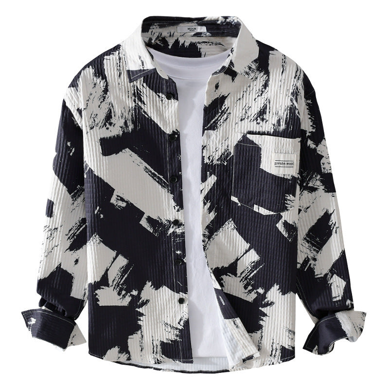 Herren Gekreppte Overshirt‑Hemdjacke mit abstraktem Pinselprint und Brusttasche Shop Nory