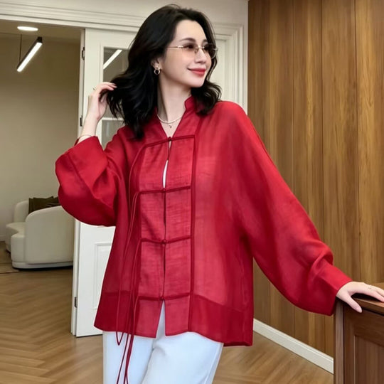 Damen Leinen-Kimonojacke mit weiten Ärmeln, Zierknoten-Grid & Bindegürtel Shop Nory
